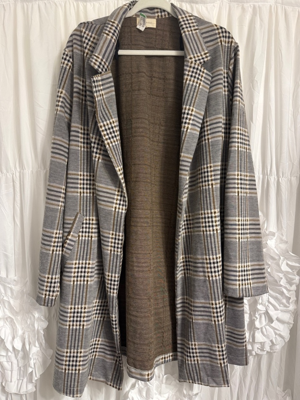 Women's Gray Plaid Open Front Coat